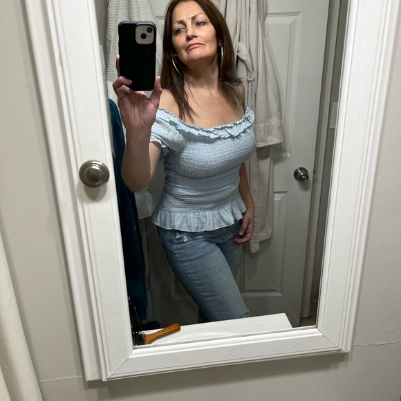 Express Light Blue Ruffled Smock Blouse - Picture 4 of 4